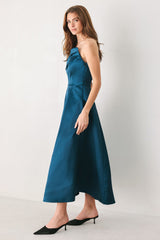 TEAL TEMPO ASYMMETRICAL STRAPLESS CIRCLE-SKIRT MIDI DRESS - Flying Tomato - Flyclothing LLC