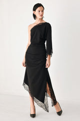 AFTER HOURS LACE TRIM ASYMMETRIC MIDI DRESS