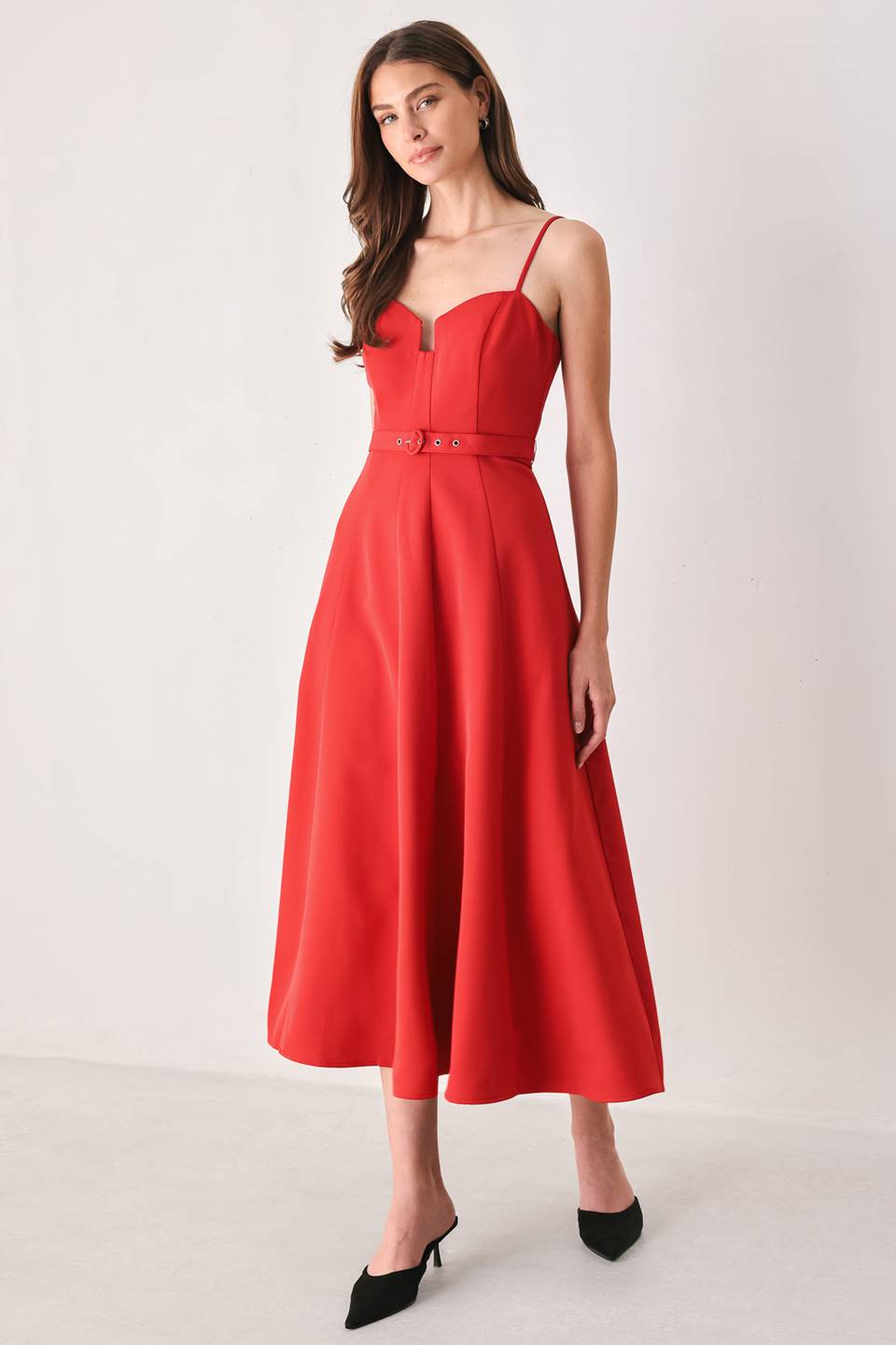 SCARLET PROMISE RED SWEETHEART BELTED MIDI DRESS - Flying Tomato - Flyclothing LLC