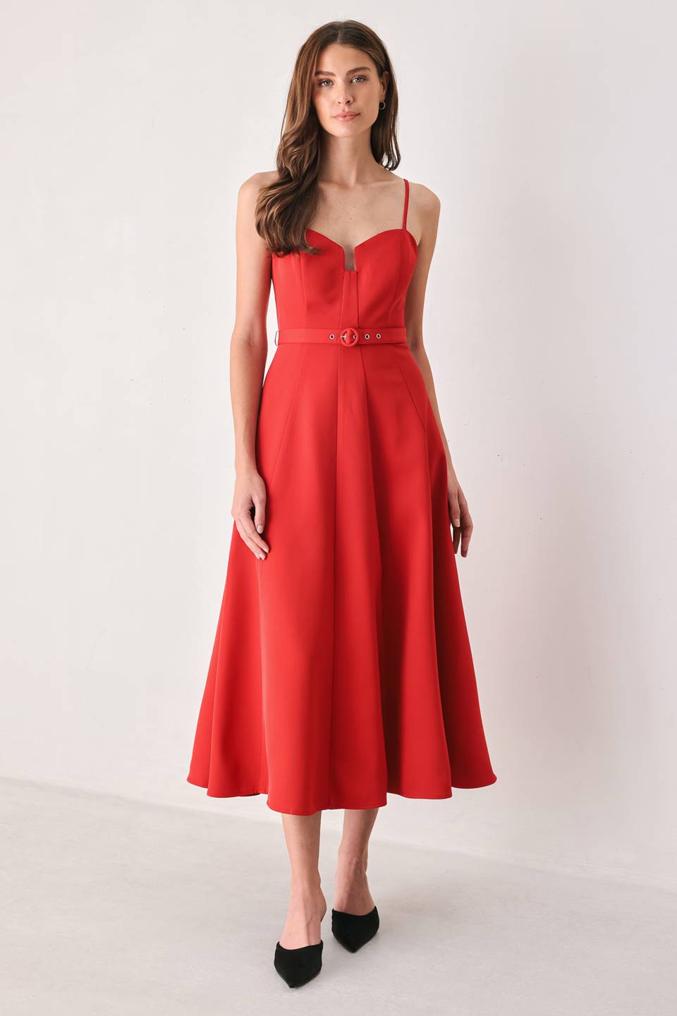 SCARLET PROMISE RED SWEETHEART BELTED MIDI DRESS - Flying Tomato - Flyclothing LLC