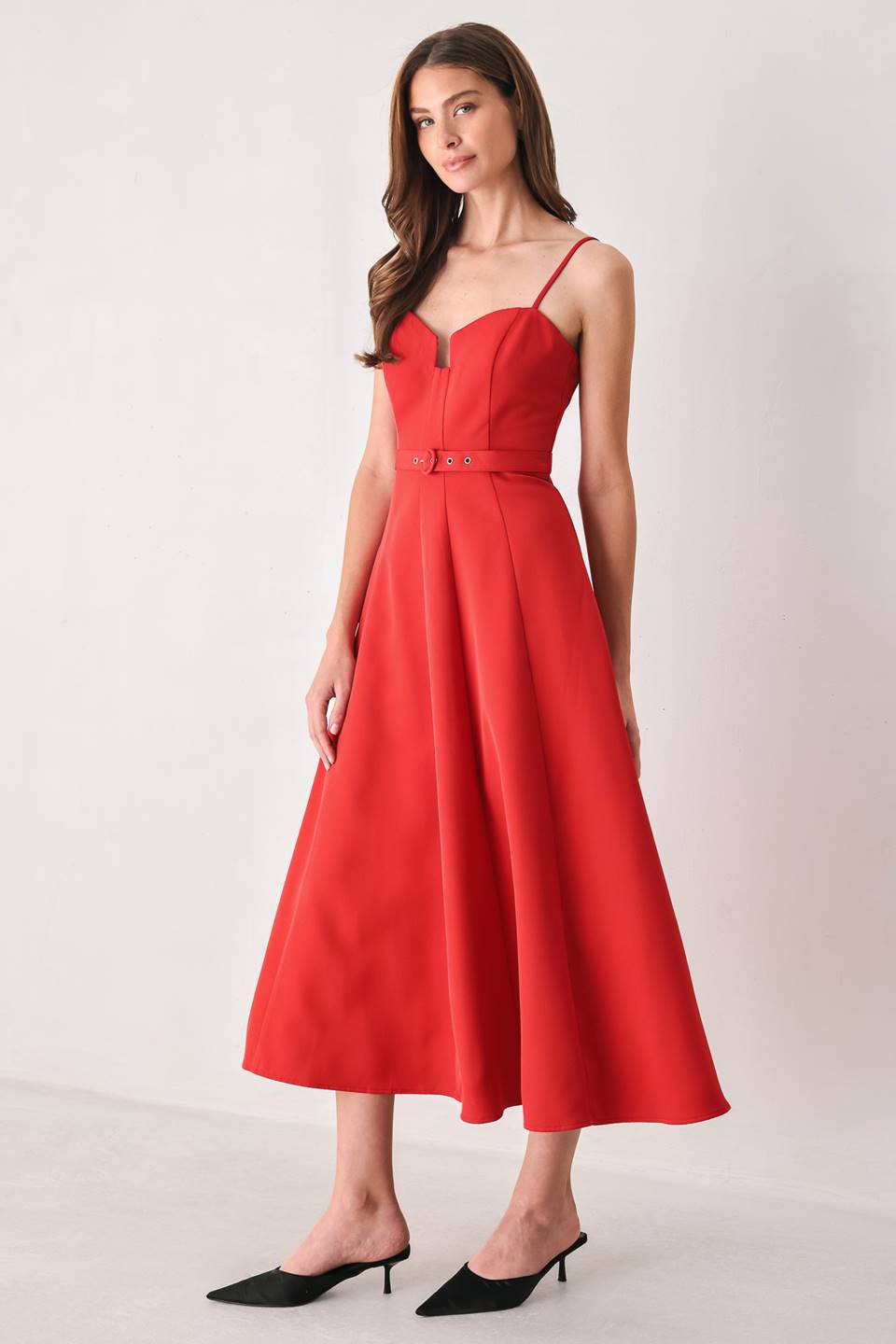 SCARLET PROMISE RED SWEETHEART BELTED MIDI DRESS - Flying Tomato - Flyclothing LLC