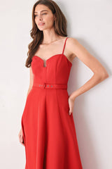 SCARLET PROMISE RED SWEETHEART BELTED MIDI DRESS - Flying Tomato - Flyclothing LLC