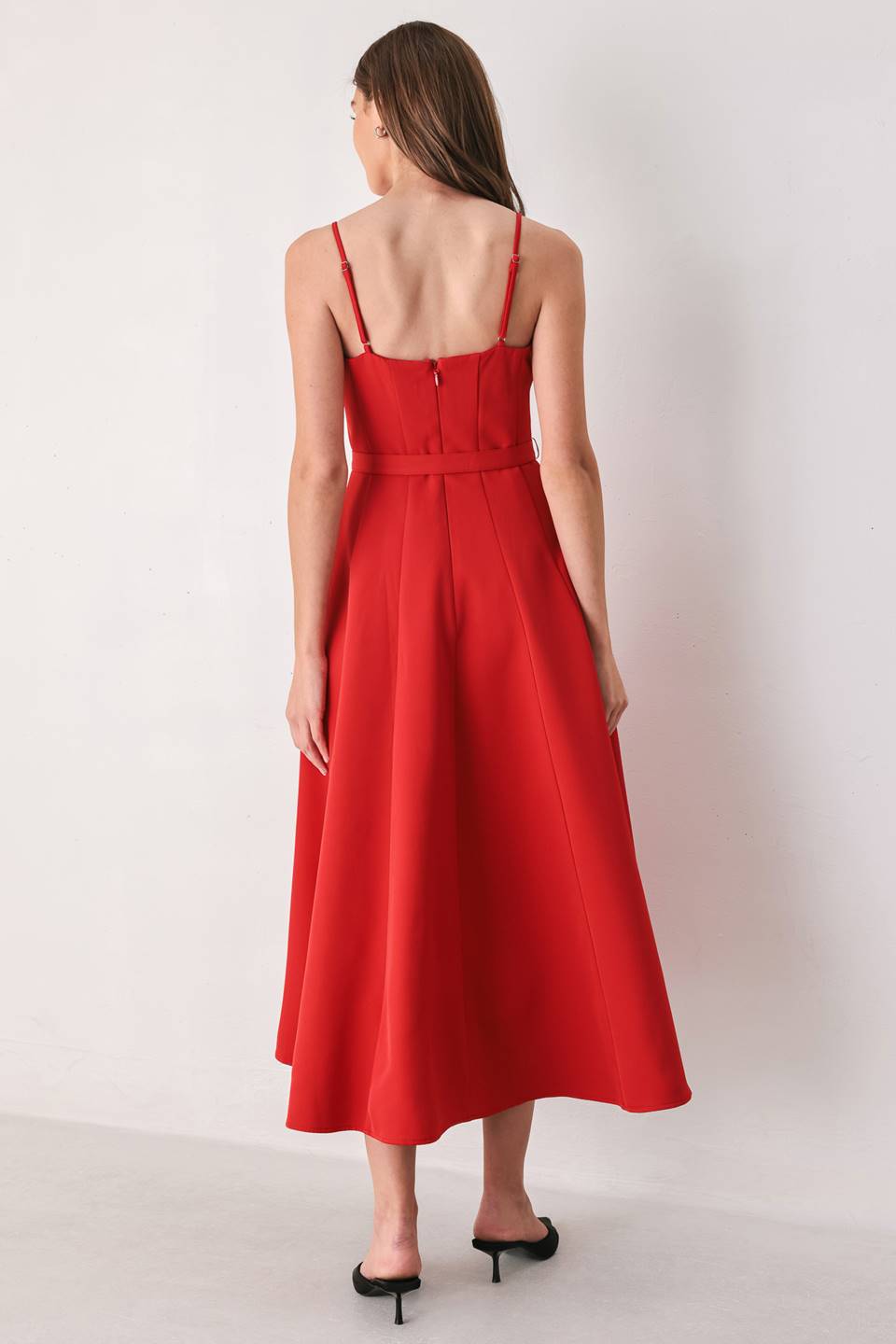 SCARLET PROMISE RED SWEETHEART BELTED MIDI DRESS - Flying Tomato - Flyclothing LLC