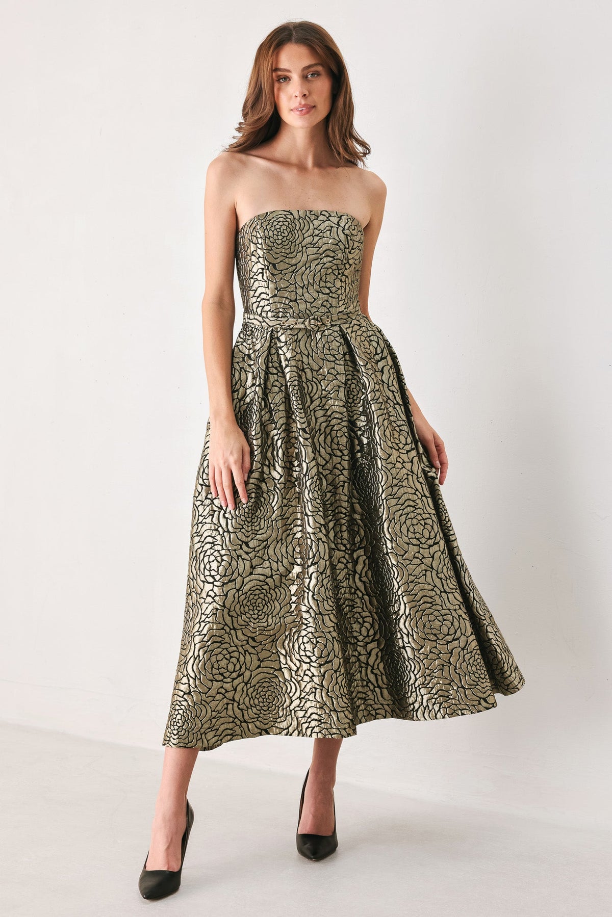 GOLDEN SOIREE GOLD STATEMENT MIDI DRESS - Flying Tomato - Flyclothing LLC
