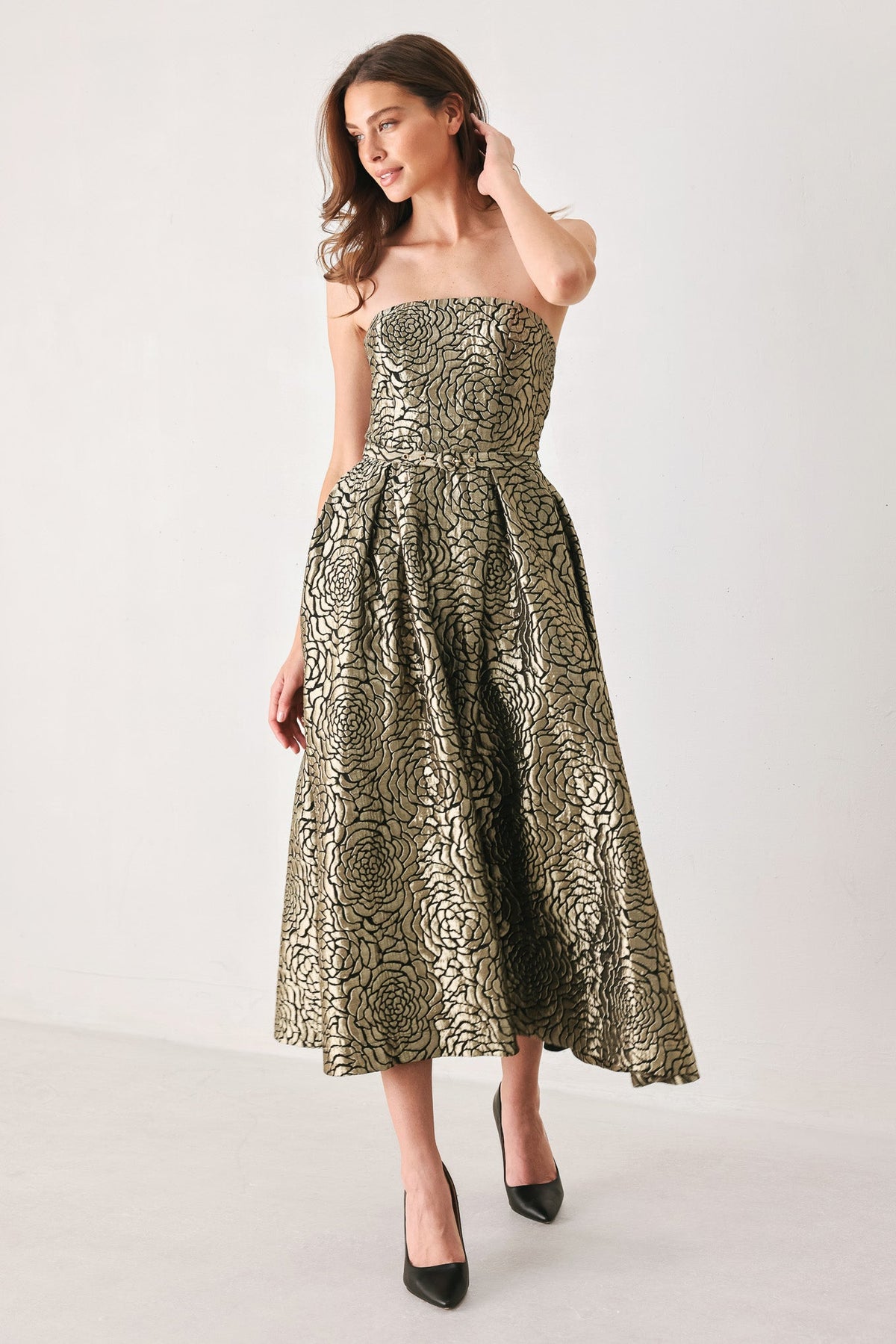 GOLDEN SOIREE GOLD STATEMENT MIDI DRESS - Flying Tomato - Flyclothing LLC