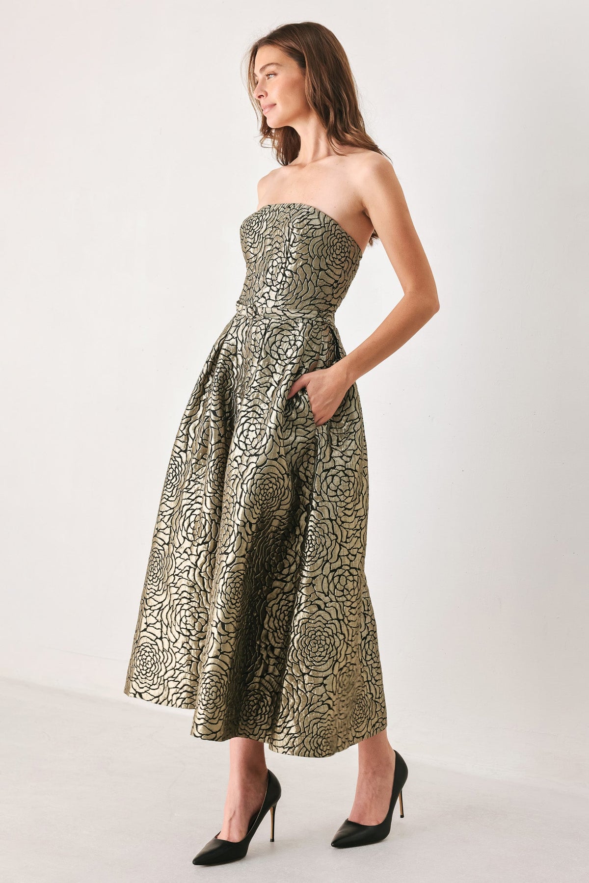 GOLDEN SOIREE GOLD STATEMENT MIDI DRESS - Flying Tomato - Flyclothing LLC