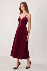 BURGUNDY KISS VELVET SWEETHEART KEYHOLE MIDI DRESS - Flying Tomato - Flyclothing LLC