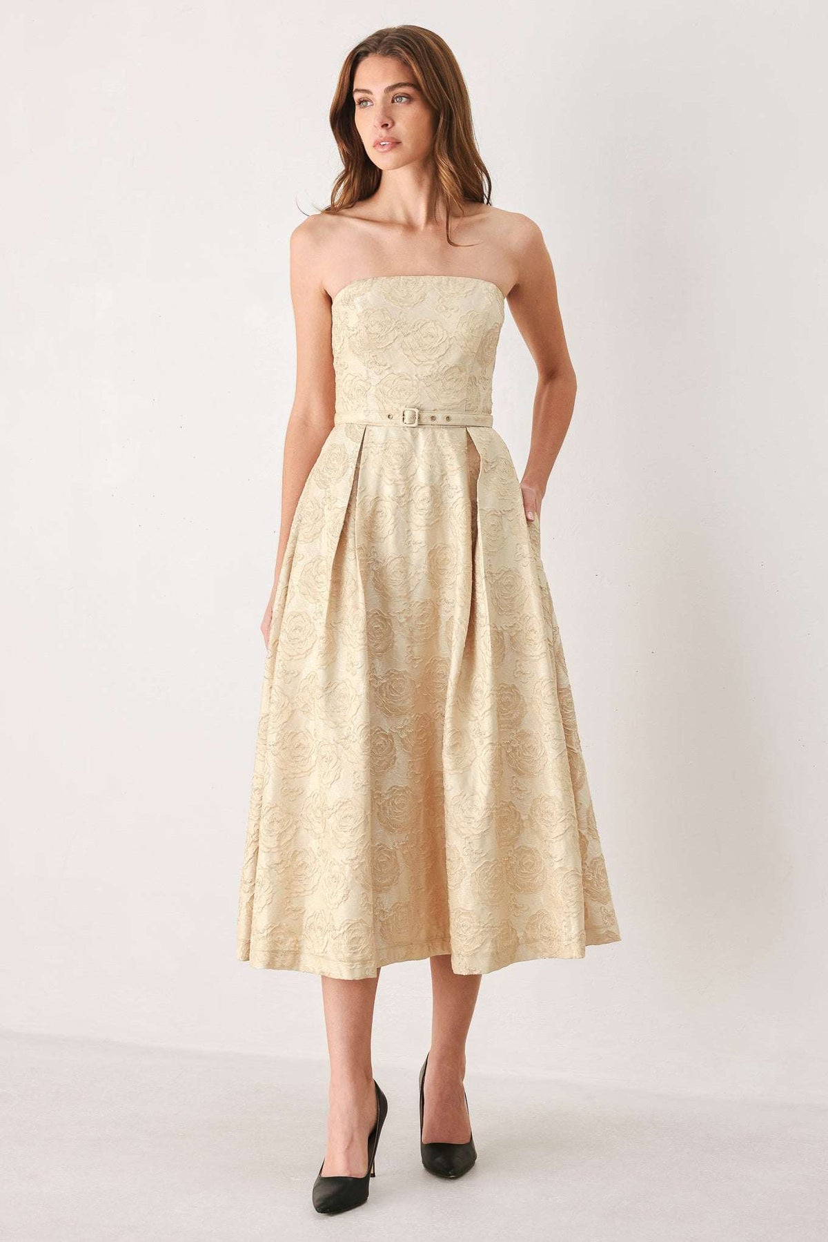 GOLDEN HEIRLOOM GOLD TEXTURED STRAPLESS BELTED MIDI DRESS - Flying Tomato - Flyclothing LLC