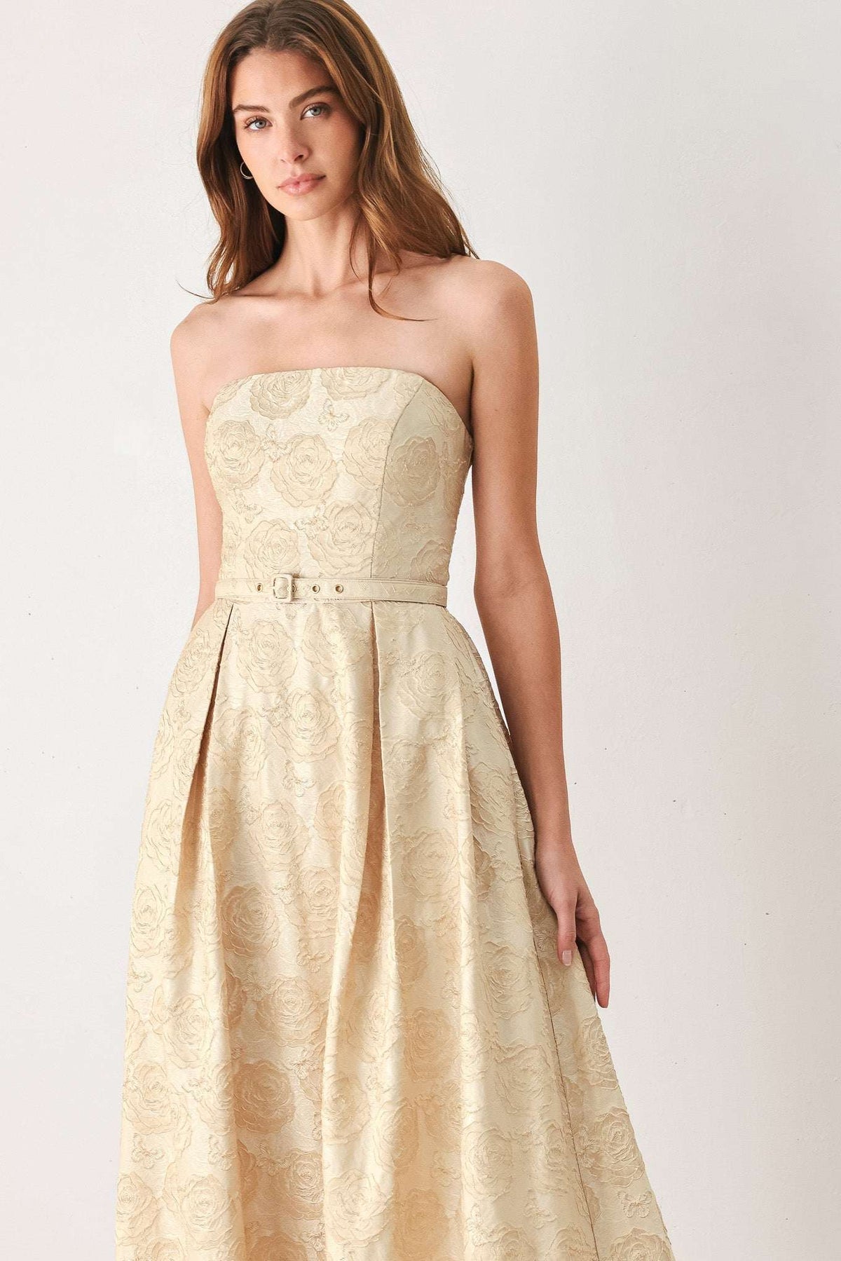GOLDEN HEIRLOOM GOLD TEXTURED STRAPLESS BELTED MIDI DRESS - Flying Tomato - Flyclothing LLC
