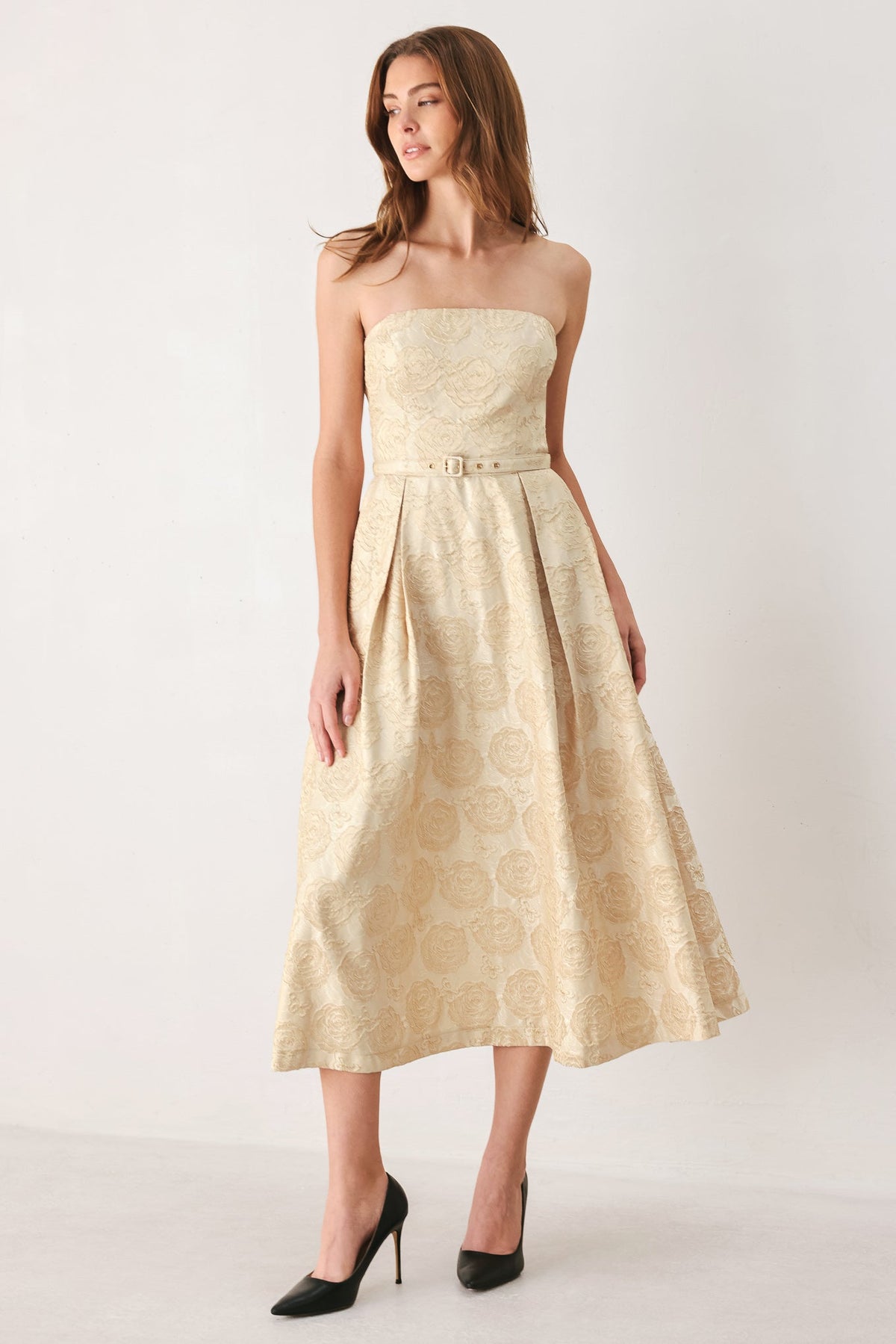 GOLDEN HEIRLOOM GOLD TEXTURED STRAPLESS BELTED MIDI DRESS - Flying Tomato - Flyclothing LLC