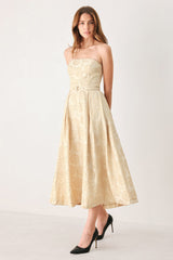 GOLDEN HEIRLOOM GOLD TEXTURED STRAPLESS BELTED MIDI DRESS - Flying Tomato - Flyclothing LLC