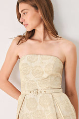 GOLDEN HEIRLOOM GOLD TEXTURED STRAPLESS BELTED MIDI DRESS - Flying Tomato - Flyclothing LLC