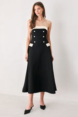 PARISIAN POISE BLACK/CREAM STRAPLESS BUTTON MIDI DRESS - Flying Tomato - Flyclothing LLC