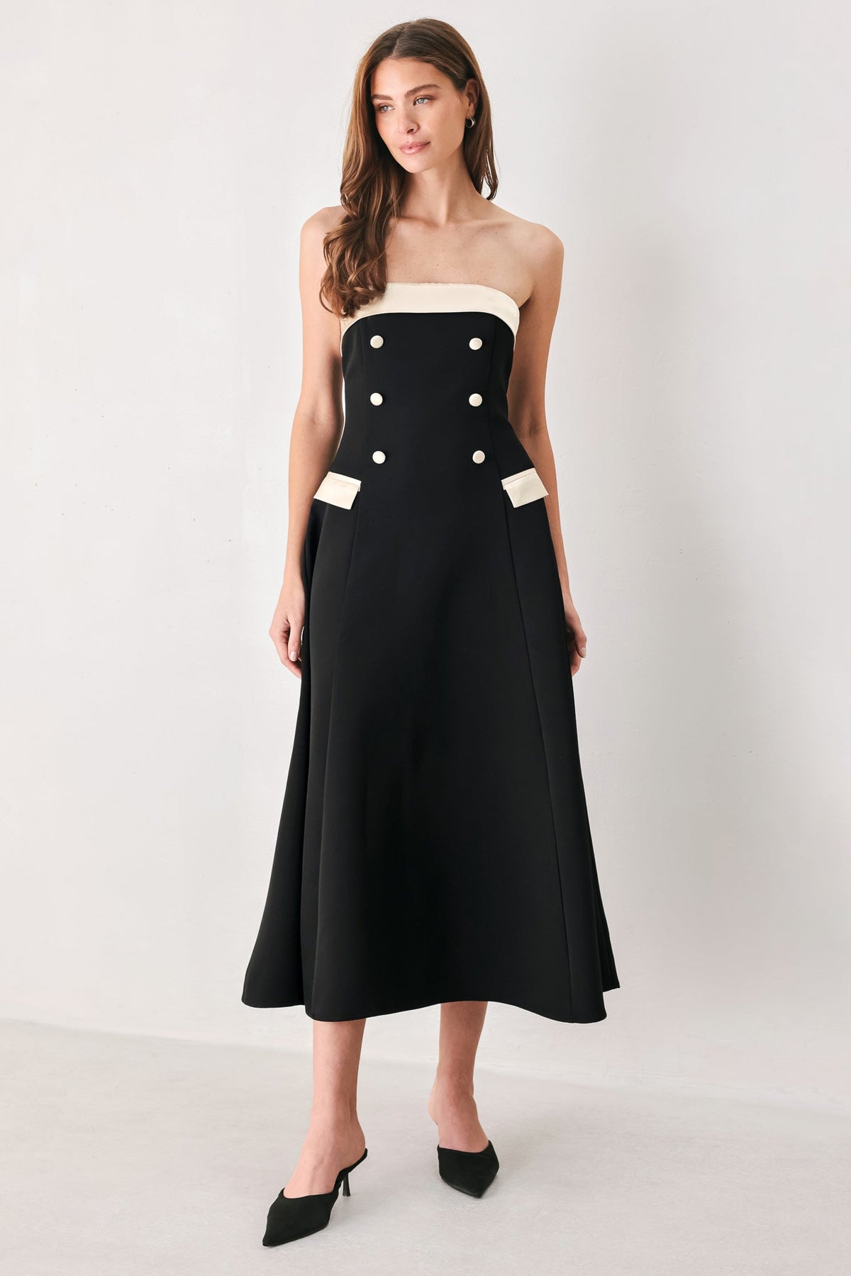 PARISIAN POISE BLACK/CREAM STRAPLESS BUTTON MIDI DRESS - Flying Tomato - Flyclothing LLC