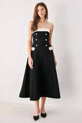 PARISIAN POISE BLACK/CREAM STRAPLESS BUTTON MIDI DRESS - Flying Tomato - Flyclothing LLC