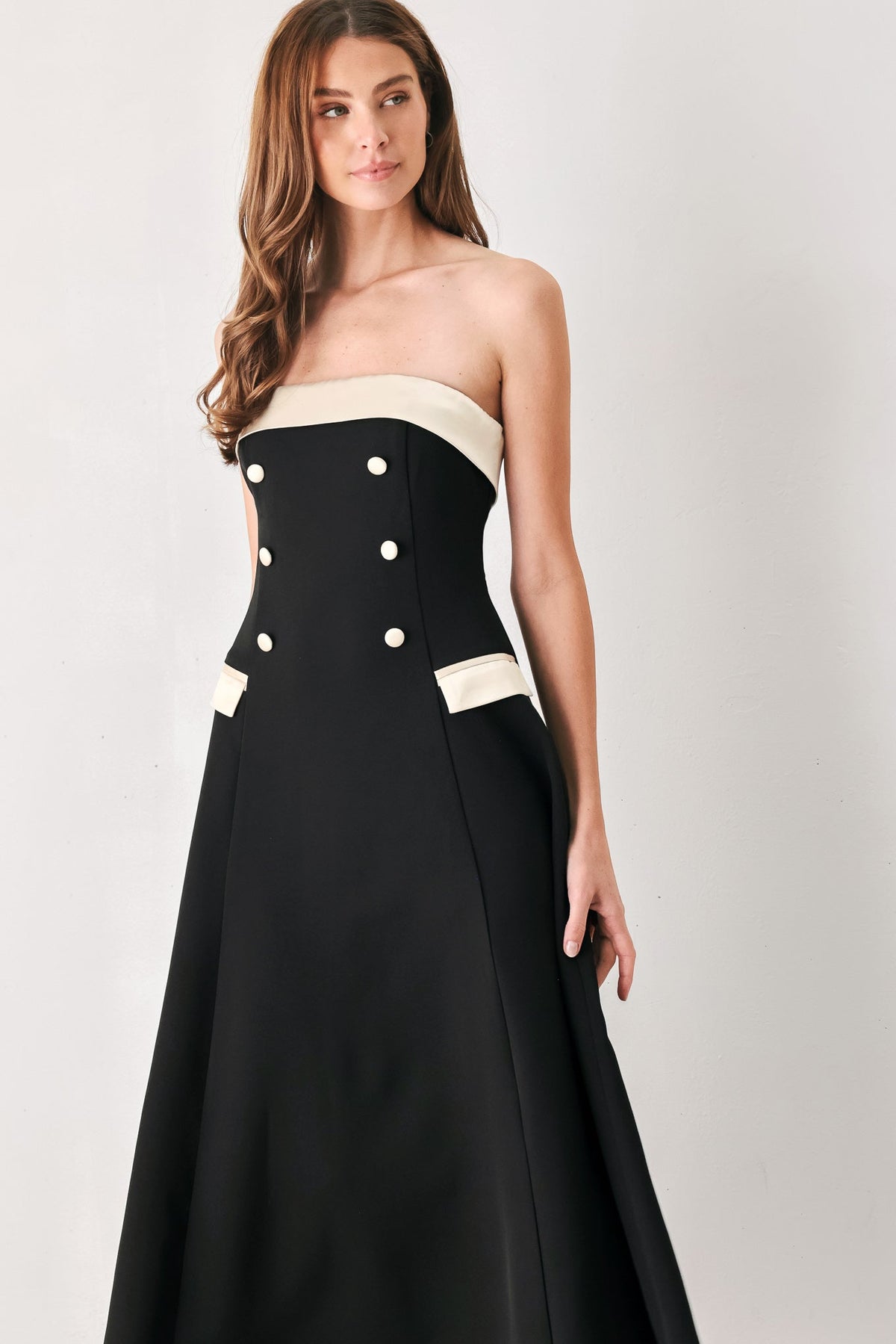 PARISIAN POISE BLACK/CREAM STRAPLESS BUTTON MIDI DRESS - Flying Tomato - Flyclothing LLC