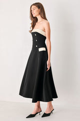 PARISIAN POISE BLACK/CREAM STRAPLESS BUTTON MIDI DRESS - Flying Tomato - Flyclothing LLC