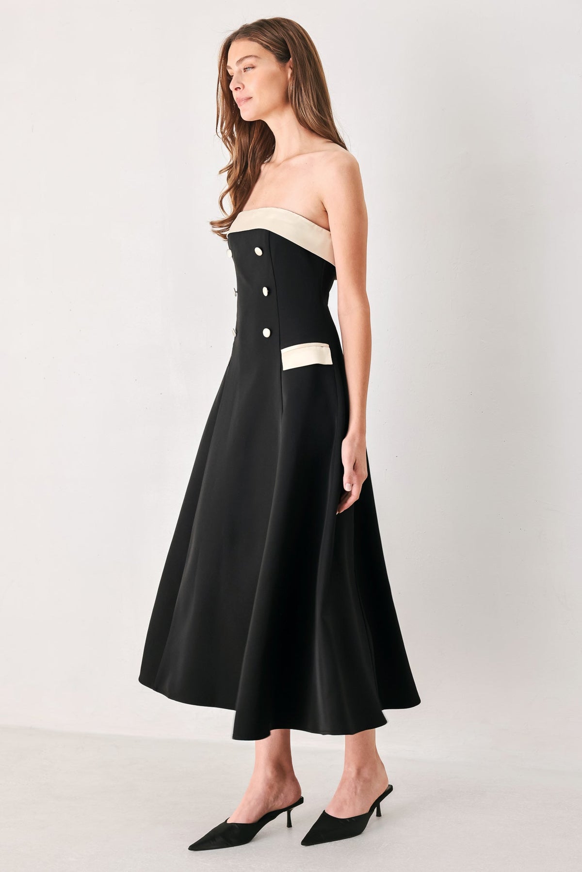 PARISIAN POISE BLACK/CREAM STRAPLESS BUTTON MIDI DRESS - Flying Tomato - Flyclothing LLC
