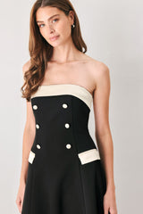 PARISIAN POISE BLACK/CREAM STRAPLESS BUTTON MIDI DRESS - Flying Tomato - Flyclothing LLC