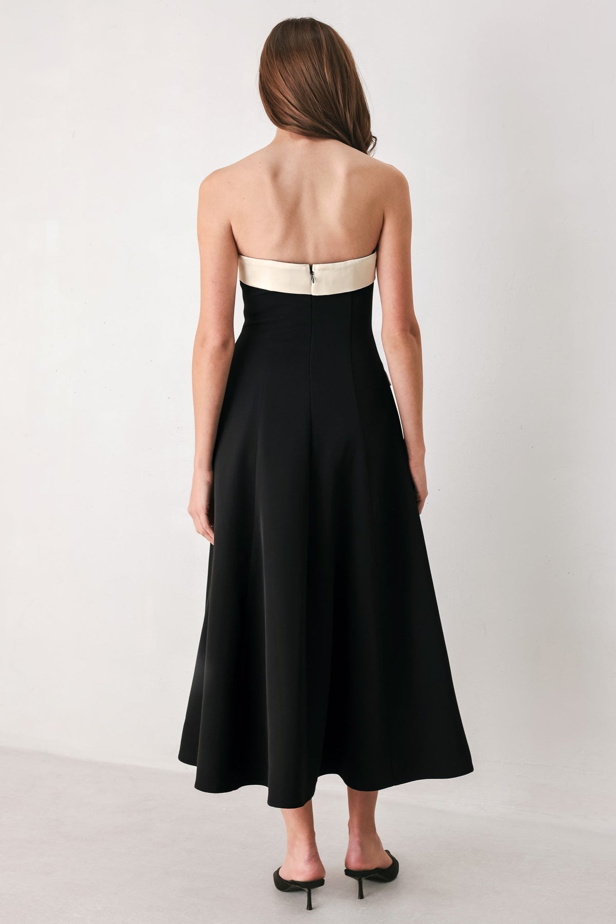 PARISIAN POISE BLACK/CREAM STRAPLESS BUTTON MIDI DRESS - Flying Tomato - Flyclothing LLC