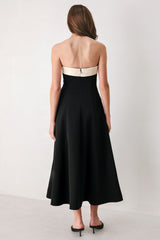 PARISIAN POISE BLACK/CREAM STRAPLESS BUTTON MIDI DRESS - Flying Tomato - Flyclothing LLC