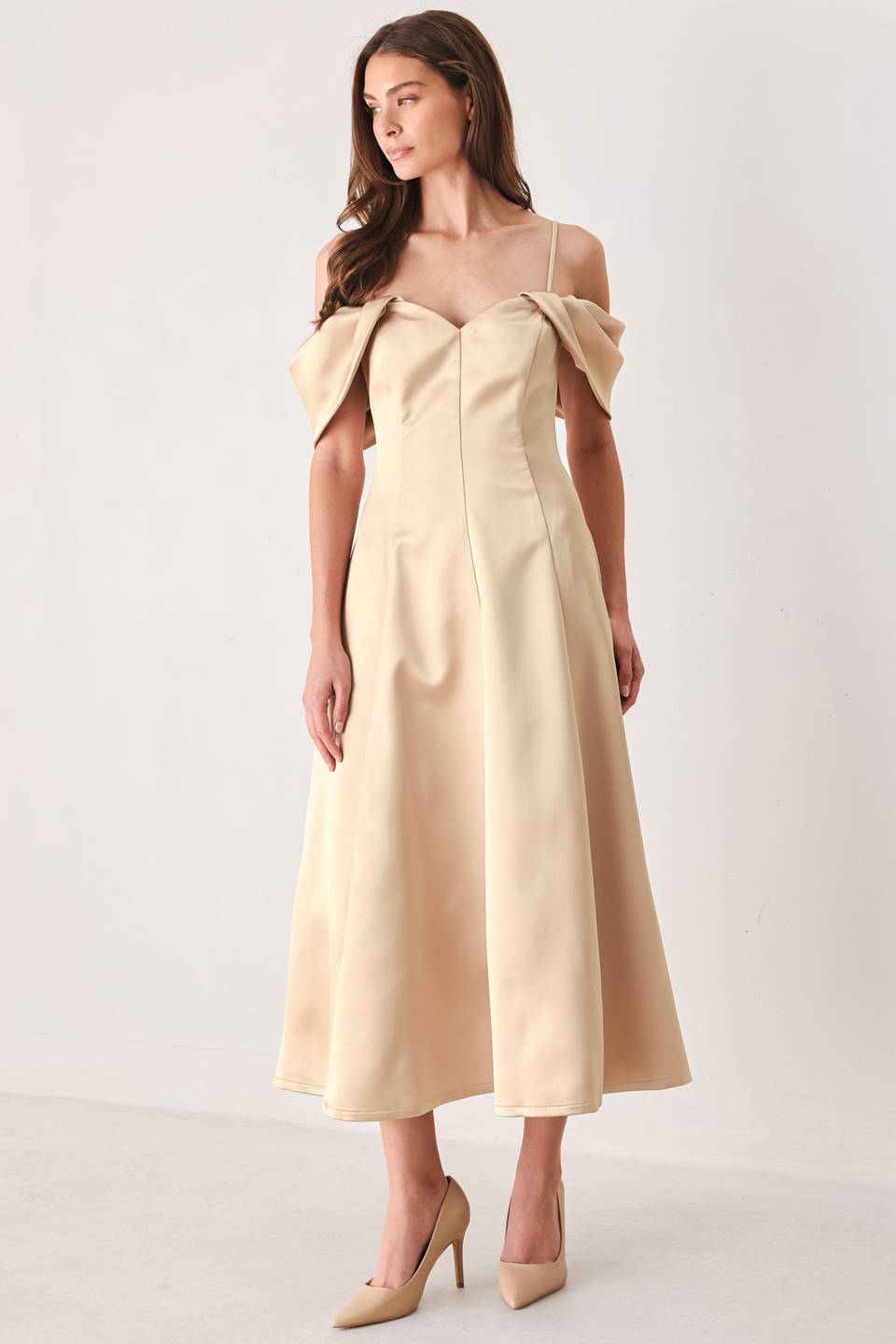 CHAMPAGNE ROMANCE CHAMPAGNE PINK OFF-SHOULDER MIDI DRESS - Flying Tomato - Flyclothing LLC