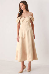 CHAMPAGNE ROMANCE CHAMPAGNE PINK OFF-SHOULDER MIDI DRESS - Flying Tomato - Flyclothing LLC