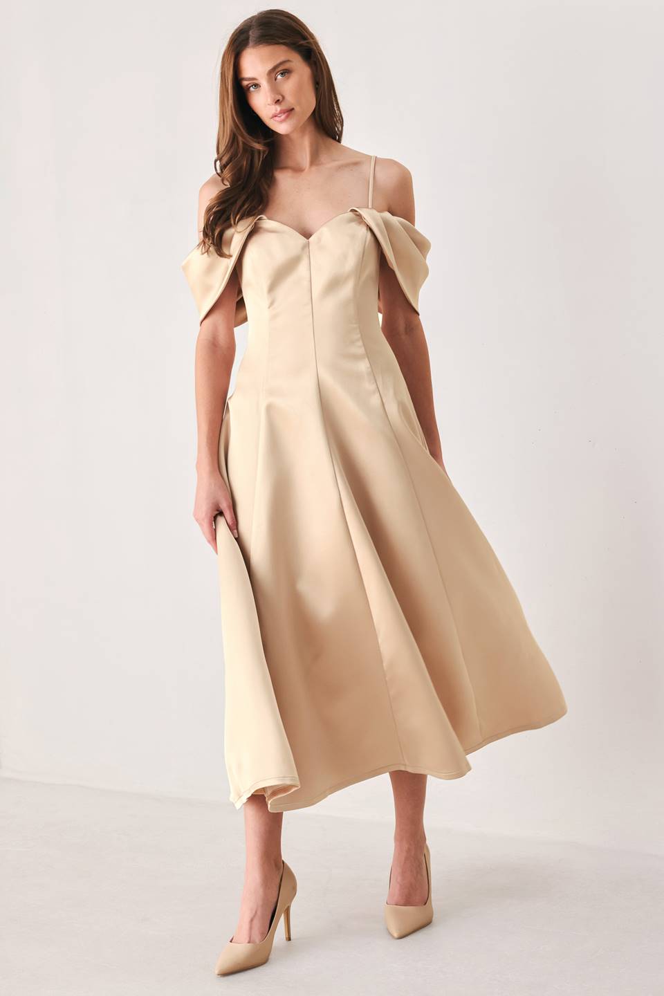 CHAMPAGNE ROMANCE CHAMPAGNE PINK OFF-SHOULDER MIDI DRESS - Flying Tomato - Flyclothing LLC