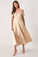 CHAMPAGNE ROMANCE CHAMPAGNE PINK OFF-SHOULDER MIDI DRESS - Flying Tomato - Flyclothing LLC