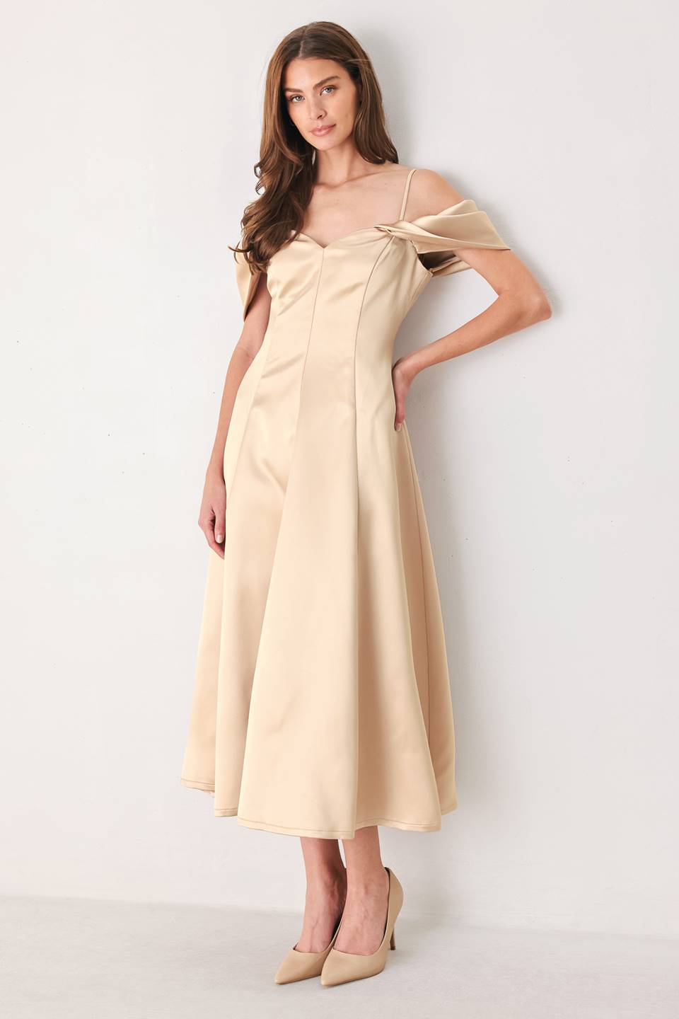 CHAMPAGNE ROMANCE CHAMPAGNE PINK OFF-SHOULDER MIDI DRESS - Flying Tomato - Flyclothing LLC
