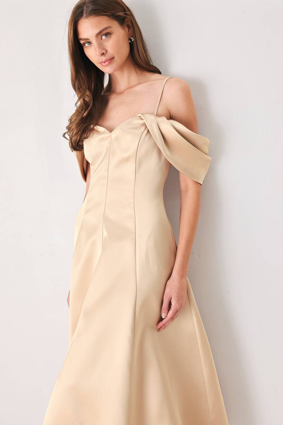 CHAMPAGNE ROMANCE CHAMPAGNE PINK OFF-SHOULDER MIDI DRESS - Flying Tomato - Flyclothing LLC