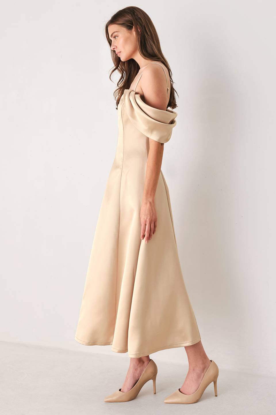 CHAMPAGNE ROMANCE CHAMPAGNE PINK OFF-SHOULDER MIDI DRESS - Flying Tomato - Flyclothing LLC