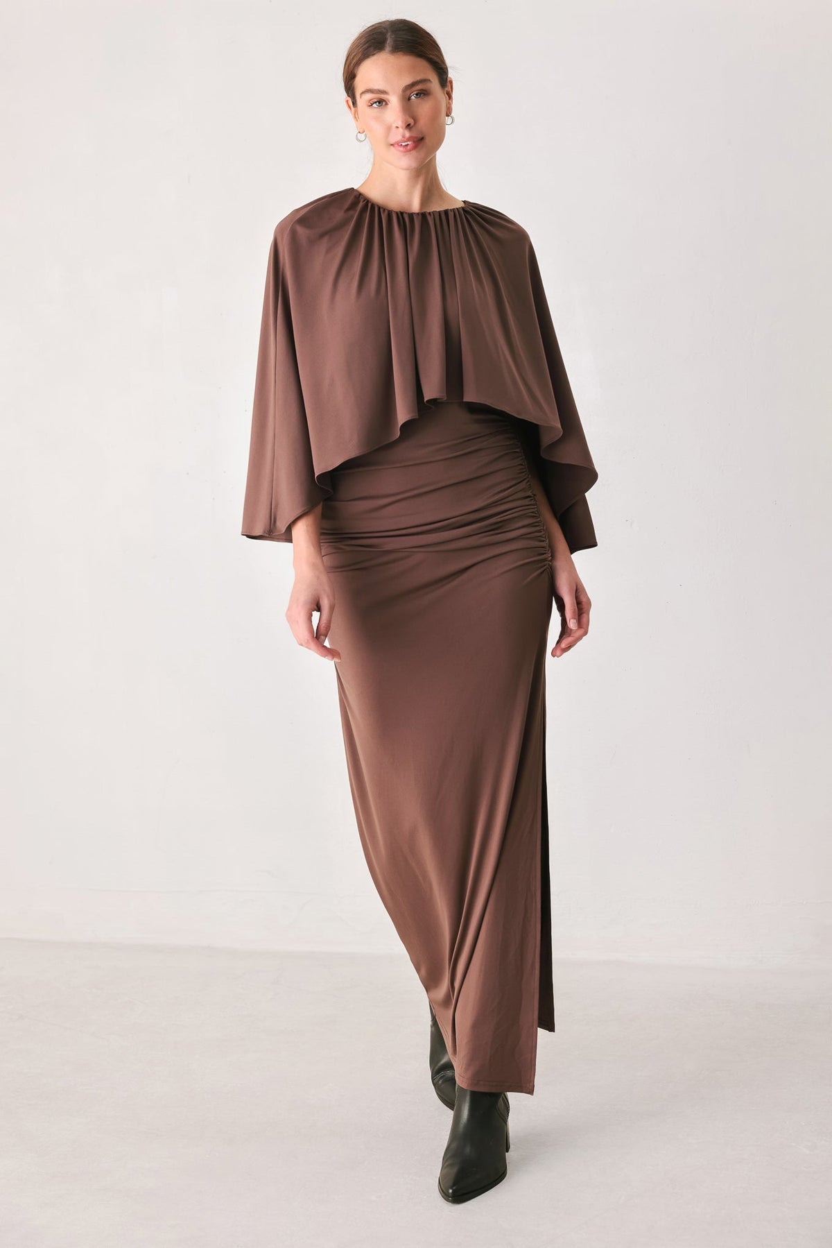 DUSTY ROSE DRAPE MAUVE CAPLET SHIRRED MIDI DRESS - Flying Tomato - Flyclothing LLC