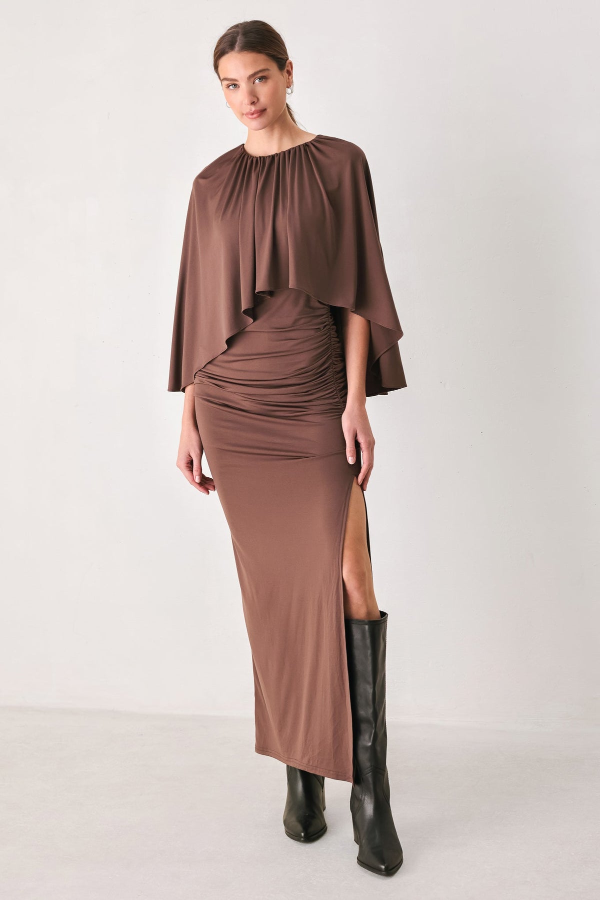 DUSTY ROSE DRAPE MAUVE CAPLET SHIRRED MIDI DRESS - Flying Tomato - Flyclothing LLC