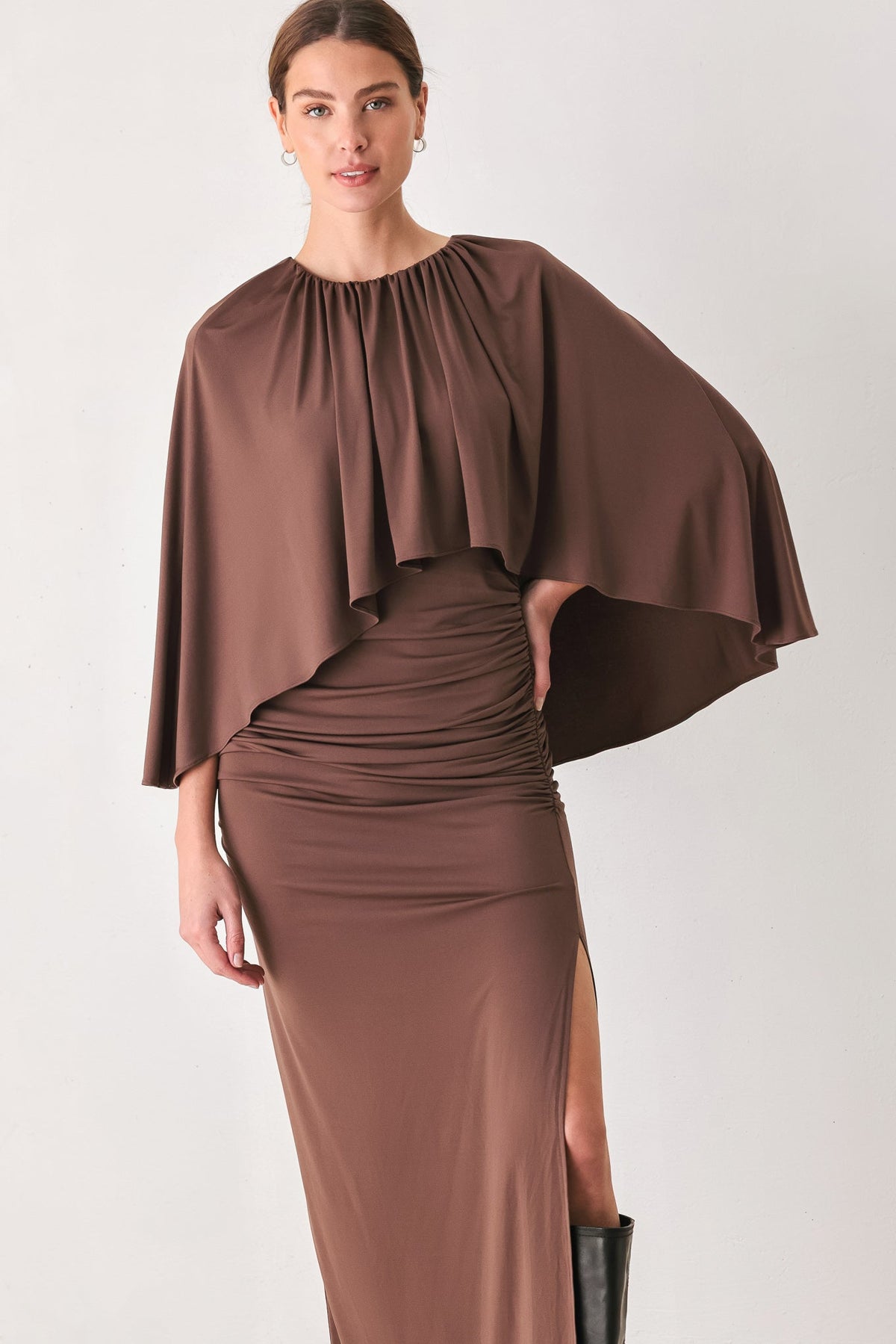 DUSTY ROSE DRAPE MAUVE CAPLET SHIRRED MIDI DRESS - Flying Tomato - Flyclothing LLC