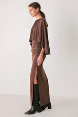 DUSTY ROSE DRAPE MAUVE CAPLET SHIRRED MIDI DRESS - Flying Tomato - Flyclothing LLC