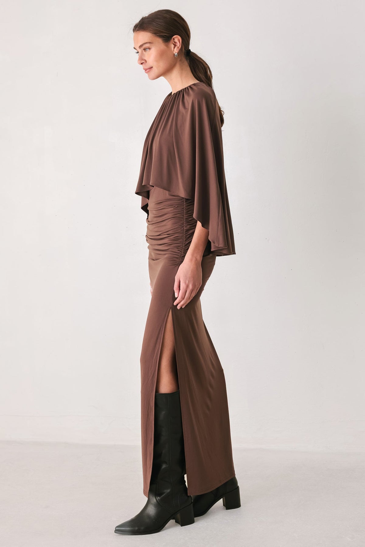 DUSTY ROSE DRAPE MAUVE CAPLET SHIRRED MIDI DRESS - Flying Tomato - Flyclothing LLC
