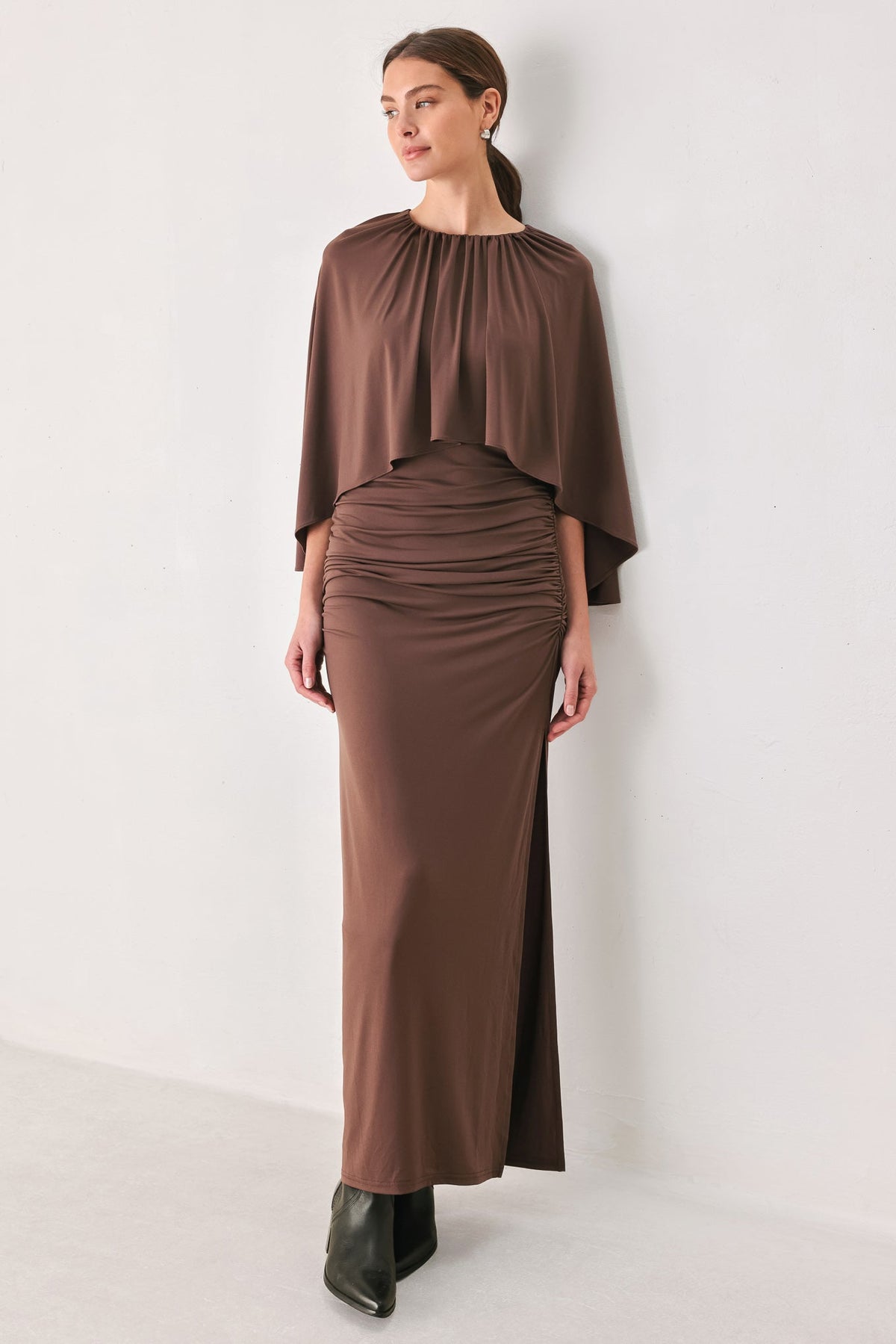 DUSTY ROSE DRAPE MAUVE CAPLET SHIRRED MIDI DRESS - Flying Tomato - Flyclothing LLC