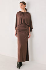 DUSTY ROSE DRAPE MAUVE CAPLET SHIRRED MIDI DRESS - Flying Tomato - Flyclothing LLC