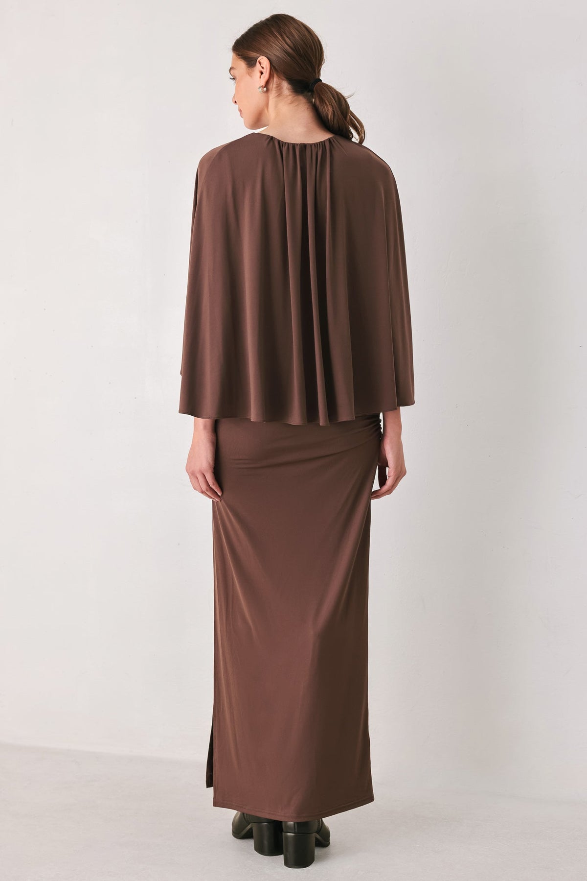 DUSTY ROSE DRAPE MAUVE CAPLET SHIRRED MIDI DRESS - Flying Tomato - Flyclothing LLC
