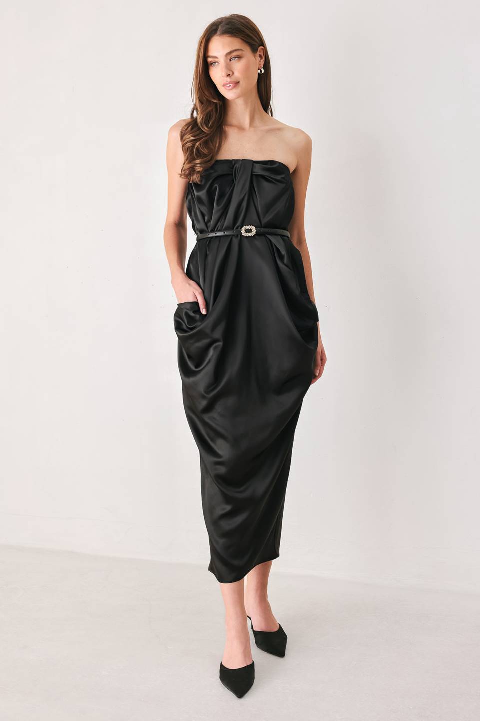 NOIR DRAPE BLACK RUCHED TULIP-SKIRT MIDI DRESS - Flying Tomato - Flyclothing LLC