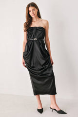 NOIR DRAPE BLACK RUCHED TULIP-SKIRT MIDI DRESS - Flying Tomato - Flyclothing LLC