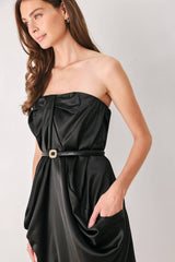 NOIR DRAPE BLACK RUCHED TULIP-SKIRT MIDI DRESS - Flying Tomato - Flyclothing LLC