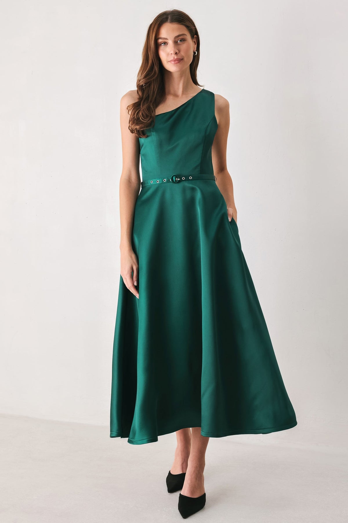EMERALD ELEGANCE GREEN ONE-SHOULDER BELTED MIDI DRESS - Flying Tomato - Flyclothing LLC