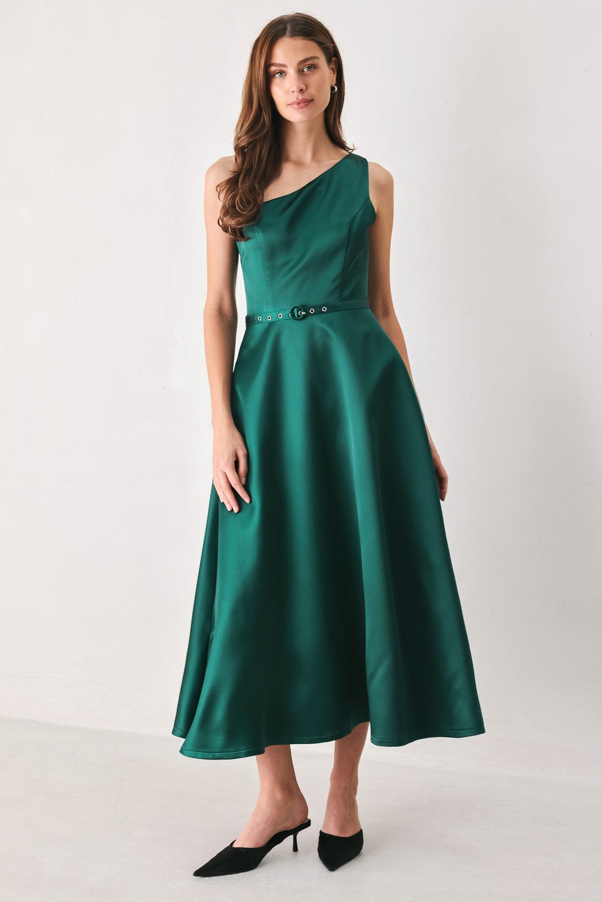 EMERALD ELEGANCE GREEN ONE-SHOULDER BELTED MIDI DRESS - Flying Tomato - Flyclothing LLC