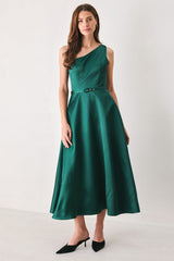 EMERALD ELEGANCE GREEN ONE-SHOULDER BELTED MIDI DRESS - Flying Tomato - Flyclothing LLC