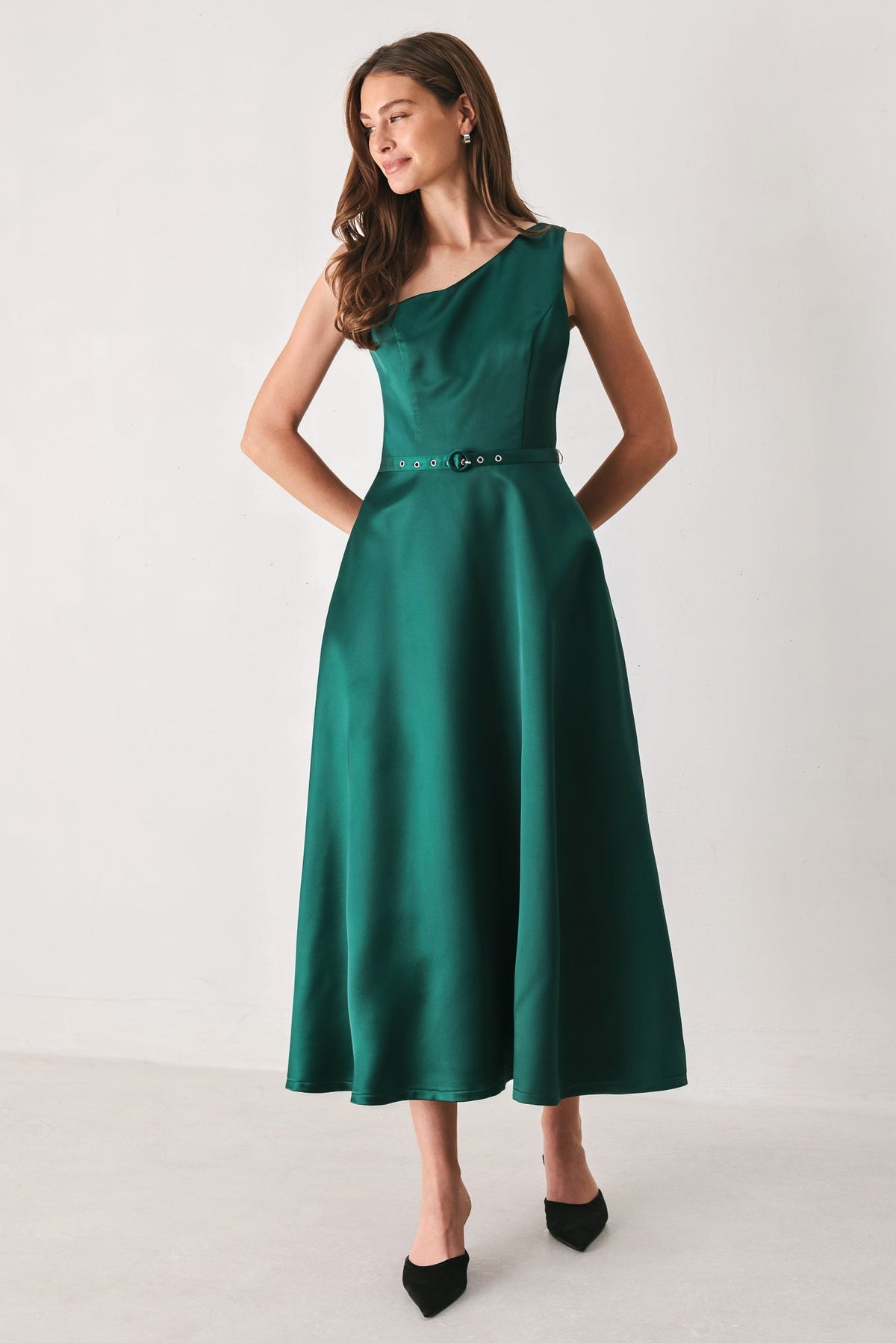 EMERALD ELEGANCE GREEN ONE-SHOULDER BELTED MIDI DRESS - Flying Tomato - Flyclothing LLC