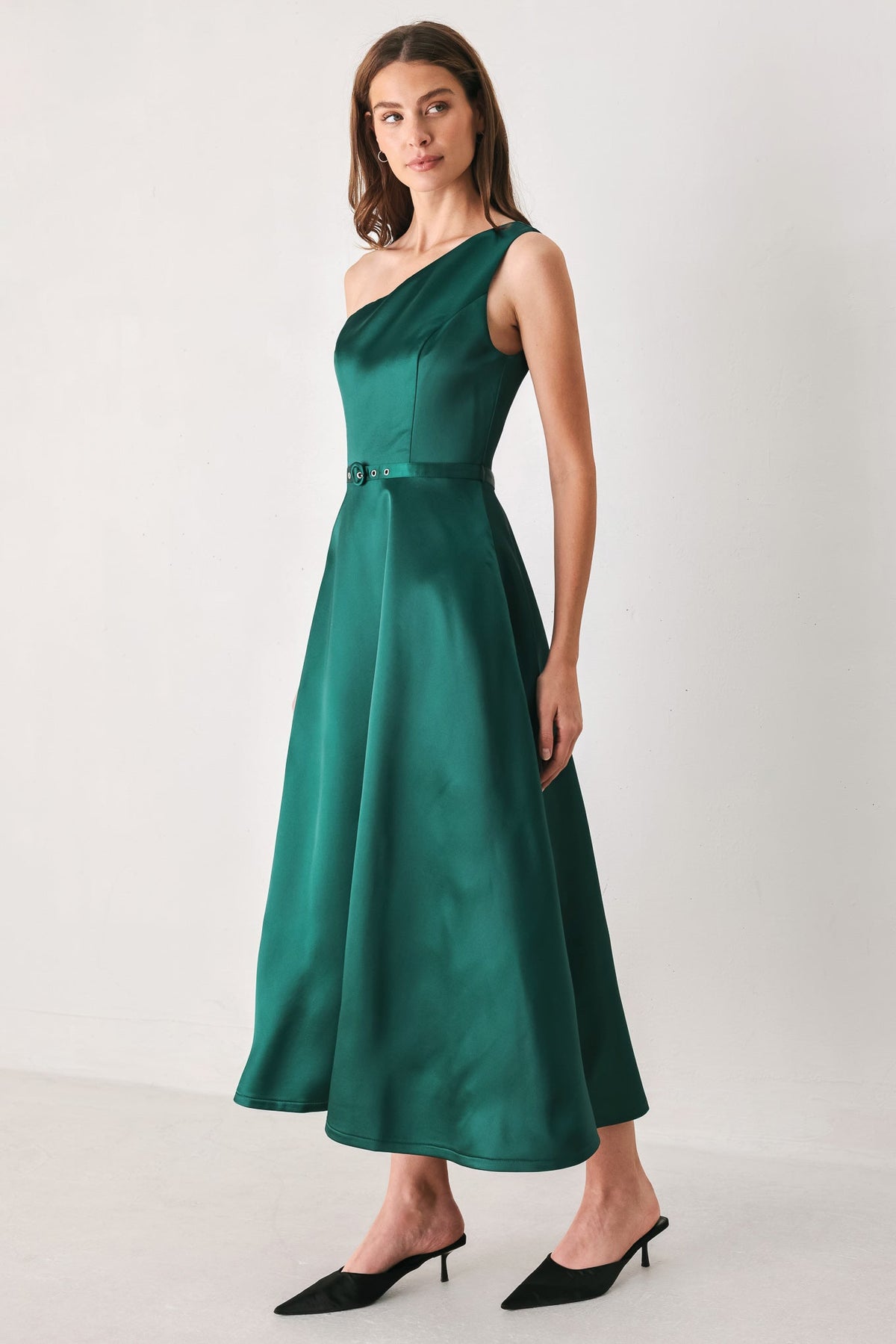 EMERALD ELEGANCE GREEN ONE-SHOULDER BELTED MIDI DRESS - Flying Tomato - Flyclothing LLC