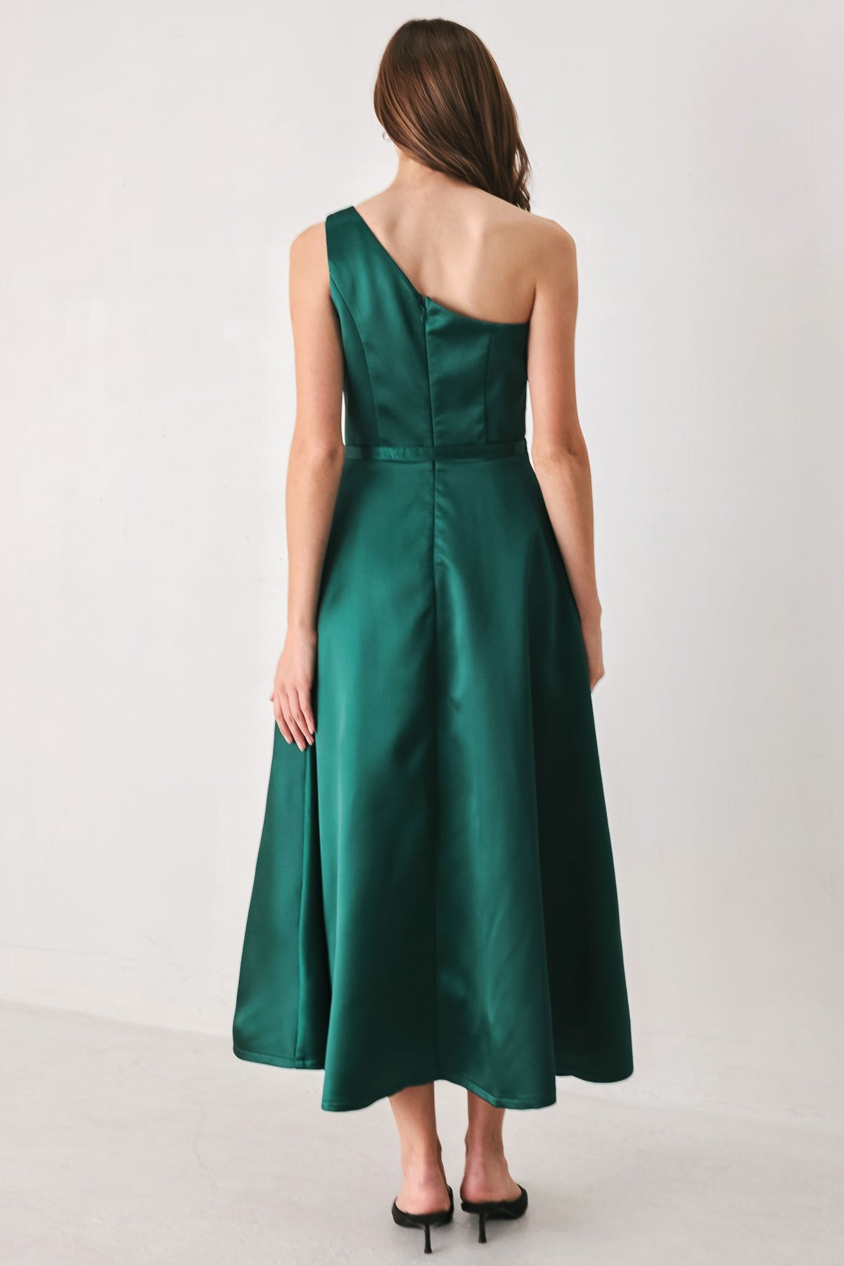 EMERALD ELEGANCE GREEN ONE-SHOULDER BELTED MIDI DRESS - Flying Tomato - Flyclothing LLC