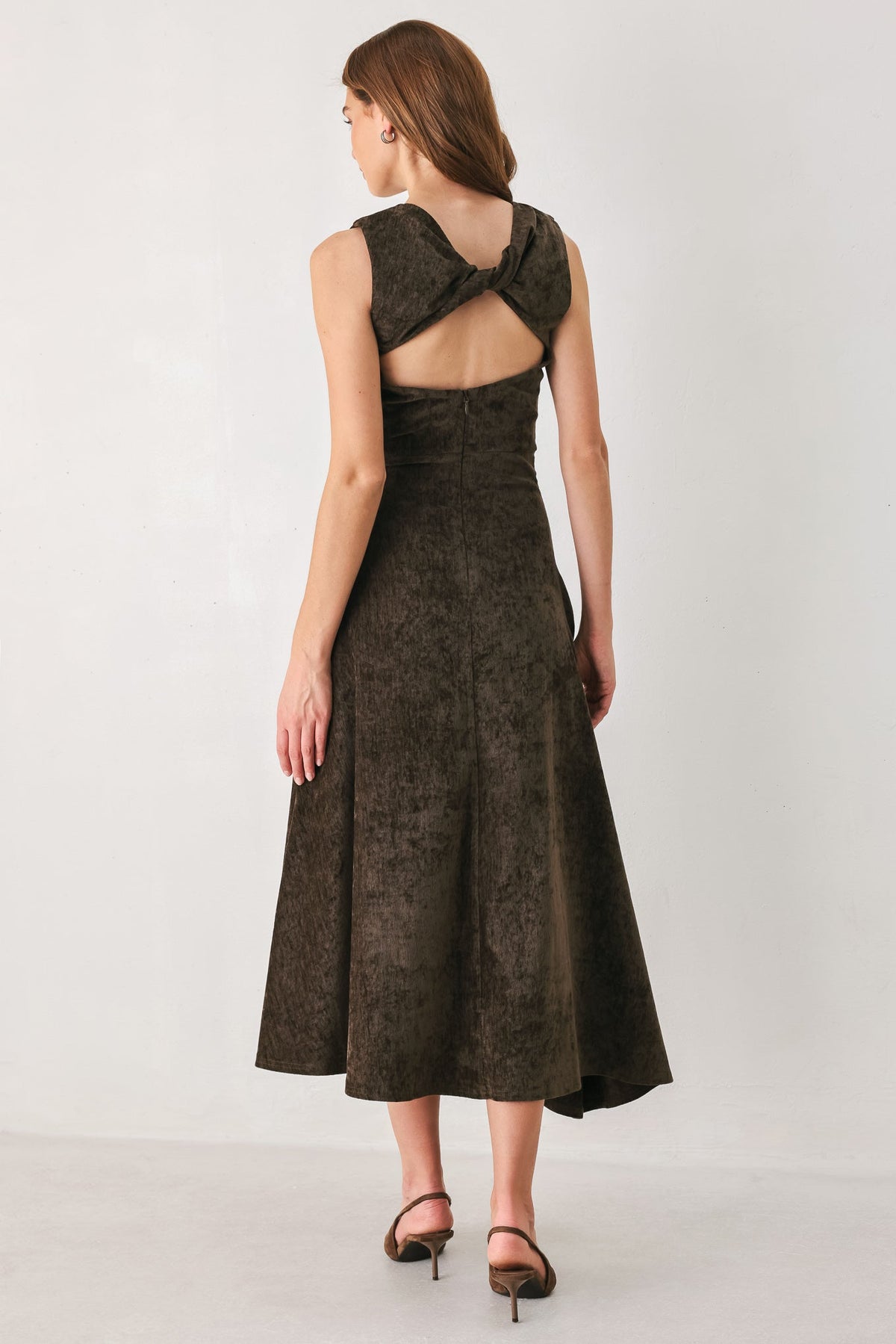 COCOA TWIST BROWN CHENILLE OPEN-BACK MIDI DRESS - Flying Tomato - Flyclothing LLC